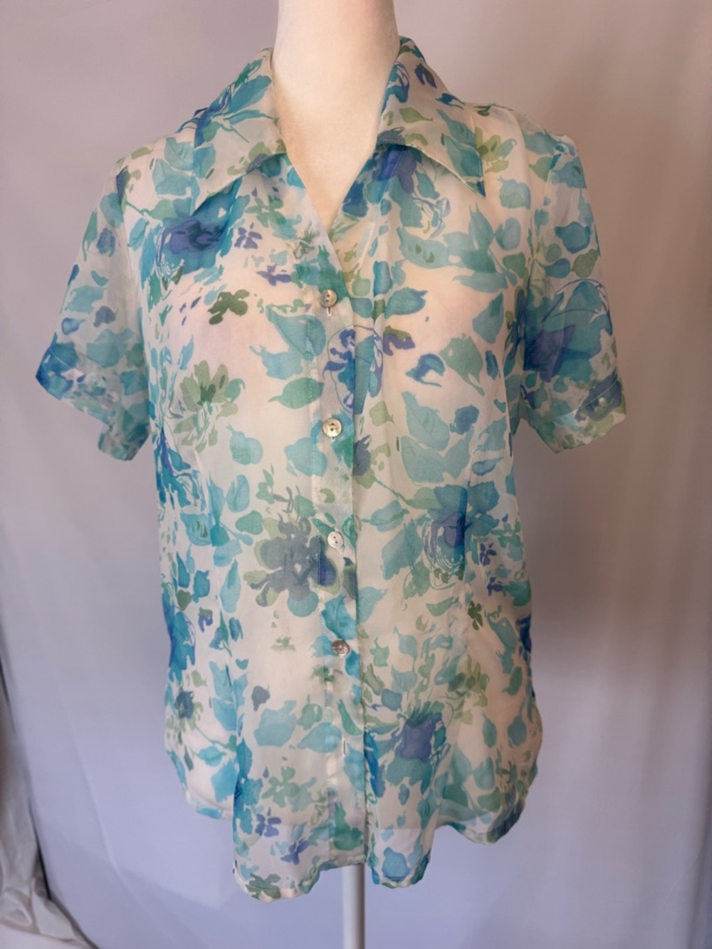 Apparenza size small —sheer button up short sleeve, blue flowers shirt/cover-up